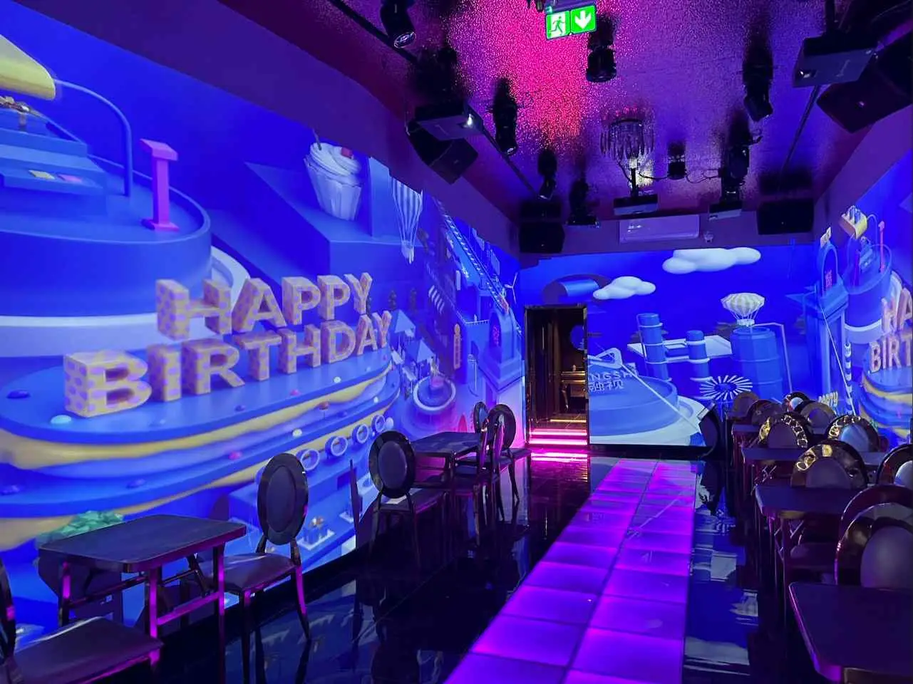 Holographic walls displaying Happy Birthday for a private function at 7 Bar Cocktails and Asian Street Food in Southsea